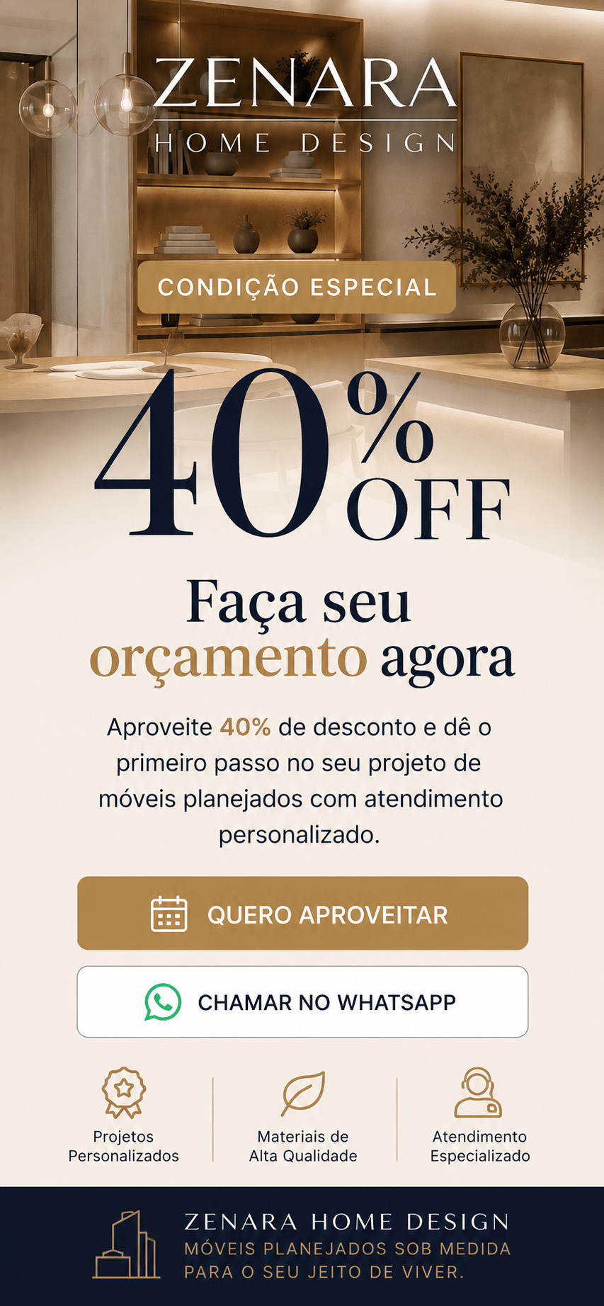 # Móveis Planejados em Brasília: ambientes feitos para o seu espaço e para a sua rotina Encontrar **móveis planejados em Brasília** vai muito além de escolher cores, portas e acabamentos. Um bom projeto precisa considerar a rotina de quem vive no ambiente, aproveitar corretamente cada espaço disponível e transformar necessidades reais em soluções bonitas, funcionais e duráveis. Na **Zenara Home Design**, desenvolvemos móveis planejados pensando em cada ambiente como parte de um conjunto. Proporção, circulação, armazenamento, composição de cores, iluminação, ferragens e acabamentos são avaliados para que o resultado final tenha identidade e faça sentido no dia a dia. Seja para um apartamento, uma casa ou apenas um ambiente específico, os **móveis sob medida em Brasília** permitem aproveitar melhor os espaços e criar soluções que dificilmente seriam alcançadas com móveis prontos. ## Móveis planejados sob medida em Brasília Cada imóvel possui suas próprias características. Uma parede pode ter medidas diferentes do padrão. Um quarto pode exigir mais espaço para roupas. Uma cozinha pode precisar aproveitar melhor os cantos. Uma sala pode precisar integrar painel de TV, armazenamento e decoração em uma única composição. É justamente nesse ponto que os **móveis planejados sob medida** fazem diferença. O projeto é desenvolvido considerando as dimensões do ambiente e a forma como cada pessoa pretende utilizá-lo. O objetivo não é simplesmente preencher paredes com móveis, mas encontrar o equilíbrio entre: * funcionalidade; * organização; * estética; * circulação; * aproveitamento de espaço; * iluminação; * materiais; * acabamentos; * ergonomia; * personalidade. Um ambiente bem planejado deve continuar fazendo sentido mesmo depois que a novidade da entrega passa e a rotina começa de verdade. ## Cozinha planejada em Brasília A cozinha é um dos ambientes onde o planejamento faz maior diferença. Uma **cozinha planejada em Brasília** pode aproveitar melhor paredes, bancadas, torres de eletrodomésticos, armários inferiores, armários superiores, gavetões, nichos, despensas e espaços que normalmente seriam desperdiçados. Cada solução pode ser pensada de acordo com a rotina da casa. Onde guardar panelas? Qual o melhor lugar para talheres? Como organizar mantimentos? Onde posicionar forno, micro-ondas, cooktop e demais eletrodomésticos? Qual altura deixa os armários mais confortáveis? Como aproveitar um canto sem prejudicar a circulação? São decisões que parecem pequenas separadamente, mas que fazem uma enorme diferença na experiência de usar a cozinha todos os dias. Além da funcionalidade, a escolha dos acabamentos permite criar cozinhas contemporâneas, minimalistas, acolhedoras ou mais sofisticadas, combinando MDFs lisos e amadeirados, iluminação em LED, portas diferenciadas, puxadores, perfis e outros elementos. ## Sala planejada em Brasília A sala costuma ser um dos primeiros ambientes percebidos ao entrar em uma casa e também um dos espaços mais utilizados pela família. Por isso, os **móveis planejados para sala** precisam trabalhar estética e função ao mesmo tempo. Painéis de TV, homes, portas mimetizadas, painéis ripados ou frisados, cristaleiras, buffets, nichos, prateleiras, iluminação integrada e espaços de armazenamento podem ser desenvolvidos de forma que todos os elementos conversem entre si. O resultado é uma sala visualmente organizada, sem a sensação de móveis adicionados aleatoriamente ao longo do tempo. Um projeto bem desenvolvido também permite esconder fios, equipamentos e objetos de uso diário, mantendo o ambiente mais limpo e agradável. ## Quarto planejado em Brasília Um quarto deve transmitir conforto antes mesmo de qualquer outra característica. Os **móveis planejados para quarto** permitem criar uma composição completa envolvendo armários, cabeceiras, painéis de TV, criados, penteadeiras, sapateiras, bancadas e iluminação. Em quartos menores, o planejamento ajuda a aproveitar centímetros que normalmente seriam perdidos. Em suítes maiores, permite integrar diferentes elementos com uma mesma linguagem visual. Portas de correr, portas espelhadas, iluminação interna, divisões específicas para roupas, gavetas, cabideiros e acessórios internos podem ser definidos de acordo com as necessidades de quem utilizará o espaço. O resultado é um quarto mais organizado, funcional e visualmente equilibrado. ## Closet planejado Um **closet planejado** precisa ser bonito, mas principalmente funcionar bem. A distribuição interna pode ser definida de acordo com a quantidade e o tipo de peças que serão armazenadas. Cabideiros para roupas longas ou curtas, gavetas, sapateiras, nichos, maleiros, prateleiras e iluminação interna podem ser posicionados de maneira estratégica. Em vez de adaptar sua rotina a um armário pronto, o móvel é desenvolvido para acompanhar a sua rotina. Essa é uma das maiores vantagens de investir em móveis planejados. ## Banheiro planejado Mesmo sendo normalmente um ambiente menor, o banheiro possui grande potencial de aproveitamento. Os **móveis planejados para banheiro** ajudam a organizar produtos de higiene, toalhas, cosméticos e objetos pessoais sem comprometer a circulação. Armários inferiores, gavetões, basculantes, nichos, armários superiores, portas espelhadas e prateleiras podem transformar áreas pequenas em espaços muito mais funcionais. Também é possível integrar iluminação aos móveis e utilizar espelhos para ampliar visualmente o ambiente. Quando cada elemento é pensado em conjunto, o banheiro deixa de ter apenas móveis de apoio e passa a apresentar uma composição completa. ## Área gourmet planejada A área gourmet se tornou um dos espaços mais importantes de muitas casas. É onde acontecem encontros, refeições, conversas e momentos de lazer. Os **móveis planejados para área gourmet** podem integrar bancadas, armários, nichos, prateleiras, espaços para bebidas, utensílios e eletrodomésticos. A escolha de materiais e acabamentos também permite criar uma continuidade visual entre área gourmet, cozinha e sala, especialmente em projetos integrados. Além de valorizar o ambiente, o planejamento facilita a organização e deixa tudo necessário para receber próximo de onde será utilizado. ## Home office e escritório planejado Com a mudança na forma de trabalhar, ter um espaço adequado para concentração se tornou ainda mais importante. Um **home office planejado** pode aproveitar paredes que normalmente ficariam vazias e transformar pequenos espaços em áreas completas de trabalho. Bancadas, gaveteiros, armários superiores, nichos, iluminação e espaços para equipamentos podem ser dimensionados para tornar a rotina mais confortável. Também é possível desenvolver escritórios completos, mantendo uma estética integrada ao restante da residência. ## Móveis planejados para apartamento Em apartamentos, aproveitar corretamente o espaço é fundamental. Os **móveis planejados para apartamento em Brasília** permitem utilizar paredes completas, cantos, áreas próximas ao teto e espaços que dificilmente receberiam um móvel convencional. Em apartamentos compactos, alguns centímetros podem representar uma diferença significativa de armazenamento. Em imóveis maiores, o planejamento ajuda a manter unidade visual entre cozinha, sala, quartos, banheiros, área de serviço e demais ambientes. Por isso, planejar vários ambientes em conjunto pode proporcionar um resultado muito mais harmonioso. ## Móveis planejados para casa completa Quando diferentes ambientes são planejados dentro de uma mesma proposta, é possível criar uma identidade visual para toda a residência. Os materiais não precisam necessariamente ser iguais. O mais importante é que cores, texturas, volumes e detalhes tenham uma relação entre si. É possível desenvolver móveis planejados para: * cozinha; * sala; * suíte master; * quartos; * closet; * banheiro; * lavabo; * escritório; * home office; * lavanderia; * área de serviço; * área gourmet; * hall de entrada; * corredores; * painéis de TV; * cristaleiras; * buffets; * aparadores; * sapateiras; * roupeiros; * espaços de armazenamento. Essa integração permite que a casa tenha personalidade sem que todos os ambientes pareçam iguais. ## Projeto autoral de móveis planejados Cada residência possui uma história, uma arquitetura e uma rotina diferente. Por isso, um projeto de móveis planejados não deve simplesmente repetir uma solução utilizada em outro imóvel. Um **projeto autoral de móveis planejados** nasce da análise do espaço e das necessidades de quem irá utilizá-lo. É possível trabalhar diferentes combinações de MDF, texturas, acabamentos, portas de vidro ou espelho, perfis metálicos, iluminação em LED, painéis ripados, painéis frisados, portas mimetizadas, nichos, prateleiras e diversos sistemas de abertura. Esses recursos não devem existir apenas para decorar. Cada escolha precisa contribuir para o conjunto. É isso que transforma uma sequência de móveis em um ambiente realmente planejado. ## Móveis planejados modernos O conceito de **móveis planejados modernos** está cada vez mais ligado à simplicidade visual. Linhas retas, portas com poucos recortes, puxadores discretos, sistemas de abertura por toque, cavas usinadas, iluminação integrada e mistura equilibrada entre tons neutros e amadeirados ajudam a construir ambientes contemporâneos. Outro recurso bastante utilizado é a combinação de diferentes materiais dentro de uma mesma composição. Um MDF amadeirado pode trazer aconchego enquanto uma cor neutra proporciona leveza. Vidros e espelhos podem acrescentar profundidade. Elementos metálicos podem trazer contraste. A iluminação pode destacar volumes e criar uma atmosfera diferente durante a noite. Quando esses elementos são escolhidos de forma coerente, mesmo uma composição com vários acabamentos continua visualmente harmoniosa. ## Móveis planejados de alto padrão em Brasília Em projetos de **móveis planejados de alto padrão**, a diferença aparece principalmente nos detalhes. Não se trata apenas de utilizar materiais visualmente sofisticados. Proporção, alinhamento, espessura, ferragens, iluminação, esquadrias, sistemas de abertura e acabamento precisam trabalhar juntos. Um projeto bem resolvido pode utilizar recursos como: * portas com esquadrias; * vidros Reflecta; * espelhos; * portas mimetizadas; * iluminação interna em LED; * perfis metálicos; * puxadores diferenciados; * sistemas de correr; * painéis ripados; * painéis frisados; * cavas usinadas; * gavetões; * basculantes; * prateleiras reforçadas; * nichos iluminados. O objetivo é criar um móvel que continue interessante quando observado de perto. ## Por que escolher móveis planejados? A principal vantagem dos móveis planejados é poder desenvolver uma solução específica para o ambiente. Entre os principais benefícios estão: **Melhor aproveitamento do espaço** O móvel pode acompanhar as medidas disponíveis e utilizar áreas que seriam perdidas com produtos prontos. **Mais organização** A divisão interna pode ser desenvolvida de acordo com os objetos que realmente precisam ser armazenados. **Integração visual** Diferentes móveis podem seguir a mesma linguagem e criar unidade no ambiente. **Personalização** Cores, acabamentos, portas, puxadores, iluminação e divisões podem ser escolhidos de acordo com o projeto. **Funcionalidade** O planejamento permite avaliar antes da execução como cada espaço será utilizado. **Valorização estética** Móveis desenvolvidos especificamente para determinado ambiente tendem a se integrar melhor à arquitetura existente. ## Quanto custam móveis planejados em Brasília? O valor de um projeto de **móveis planejados em Brasília** varia de acordo com diversos fatores. Entre eles estão: * tamanho do ambiente; * quantidade de móveis; * tipo de MDF; * ferragens utilizadas; * quantidade de gavetas; * portas; * sistemas de abertura; * iluminação; * perfis; * vidros; * espelhos; * acessórios internos; * complexidade do projeto; * nível de personalização. Por isso, comparar móveis planejados apenas pelo metro linear ou por uma fotografia pode gerar uma percepção equivocada. Dois móveis visualmente semelhantes podem possuir estruturas, ferragens, divisões internas e acabamentos completamente diferentes. A melhor forma de entender o investimento é desenvolver um orçamento considerando as necessidades reais do ambiente. ## Como fazer um orçamento de móveis planejados em Brasília? O primeiro passo é entender quais ambientes você pretende planejar. Se já possuir planta, projeto de arquitetura, medidas ou fotos do imóvel, essas informações ajudam na análise inicial. A partir disso, é possível conversar sobre necessidades, estilo, prioridades, materiais e faixa de investimento. Quanto mais informações forem consideradas antes da execução, mais preciso pode ser o resultado final. ## Móveis planejados personalizados para diferentes estilos Não existe um único estilo ideal para móveis planejados. Algumas pessoas preferem ambientes claros e minimalistas. Outras gostam de tons amadeirados e acolhedores. Há também quem busque composições mais marcantes utilizando vidro, espelho, dourado, preto ou diferentes texturas. O mais importante é que o ambiente tenha relação com quem vai utilizá-lo. Entre as possibilidades estão projetos: * contemporâneos; * minimalistas; * sofisticados; * acolhedores; * modernos; * clássicos; * neutros; * amadeirados; * integrados; * funcionais. O planejamento permite combinar essas referências de maneira equilibrada. ## Móveis planejados em Brasília DF Para quem procura por **móveis planejados em Brasília DF**, escolher uma empresa que consiga unir projeto, personalização e execução faz diferença no resultado. Na Zenara Home Design, cada ambiente é pensado buscando equilíbrio entre estética e funcionalidade. Nossa proposta é transformar necessidades em soluções de móveis planejados que aproveitem melhor o espaço e valorizem a identidade de cada residência. Se você está pesquisando por **móveis planejados em Brasília**, **móveis sob medida no DF**, **cozinha planejada em Brasília**, **quarto planejado**, **closet planejado**, **sala planejada**, **banheiro planejado** ou móveis para uma residência completa, converse com nossa equipe e solicite um orçamento. ## Perguntas frequentes sobre móveis planejados em Brasília ### Vale a pena investir em móveis planejados? Móveis planejados podem ser uma ótima alternativa para quem deseja aproveitar melhor os espaços, personalizar o ambiente e criar soluções específicas de armazenamento e organização. ### Posso fazer móveis planejados apenas para um ambiente? Sim. É possível planejar apenas uma cozinha, sala, quarto, banheiro, closet, escritório, área gourmet ou outro ambiente específico. ### É possível planejar uma casa ou apartamento completo? Sim. Planejar vários ambientes em conjunto permite criar maior unidade visual e pensar previamente na relação entre cores, materiais e acabamentos. ### Posso escolher as cores dos móveis planejados? Sim. A escolha de MDFs, acabamentos e combinações faz parte da personalização do projeto. ### Móveis planejados funcionam em apartamentos pequenos? Sim. Em ambientes compactos, o planejamento é especialmente interessante porque permite aproveitar melhor paredes, cantos e espaços disponíveis. ### Posso colocar iluminação LED nos móveis? Dependendo do projeto, a iluminação pode ser integrada em armários, nichos, prateleiras, cabeceiras, painéis, cristaleiras e diversos outros elementos. ### É possível fazer portas de correr em móveis planejados? Sim. Portas de correr podem ser utilizadas em armários, closets e outras soluções dependendo das características do projeto. ### Móveis planejados podem ter portas espelhadas? Sim. O espelho pode ser integrado a diferentes tipos de portas e também contribuir para ampliar visualmente o ambiente. ### É possível esconder portas dentro dos painéis? Em determinados projetos, portas mimetizadas podem ser integradas ao desenho dos painéis, criando uma superfície visualmente contínua. ### Como solicitar um orçamento de móveis planejados em Brasília? Entre em contato com a Zenara Home Design, informe quais ambientes deseja planejar e envie, se possível, planta, medidas, fotos ou referências do imóvel. ## Transforme seu espaço com móveis planejados em Brasília Uma casa bem planejada não precisa ter mais móveis. Ela precisa ter móveis melhores para aquele espaço. Cada centímetro utilizado de forma inteligente, cada porta posicionada corretamente, cada divisão interna e cada acabamento contribuem para uma rotina mais prática e para um ambiente mais agradável. É essa combinação entre **design, funcionalidade e personalização** que buscamos em cada projeto. Se você procura **móveis planejados em Brasília**, fale com a **Zenara Home Design** e descubra como podemos transformar seus ambientes com soluções desenvolvidas especialmente para o seu espaço. **Zenara Home Design — móveis planejados em Brasília para quem busca ambientes funcionais, personalizados e com identidade.**